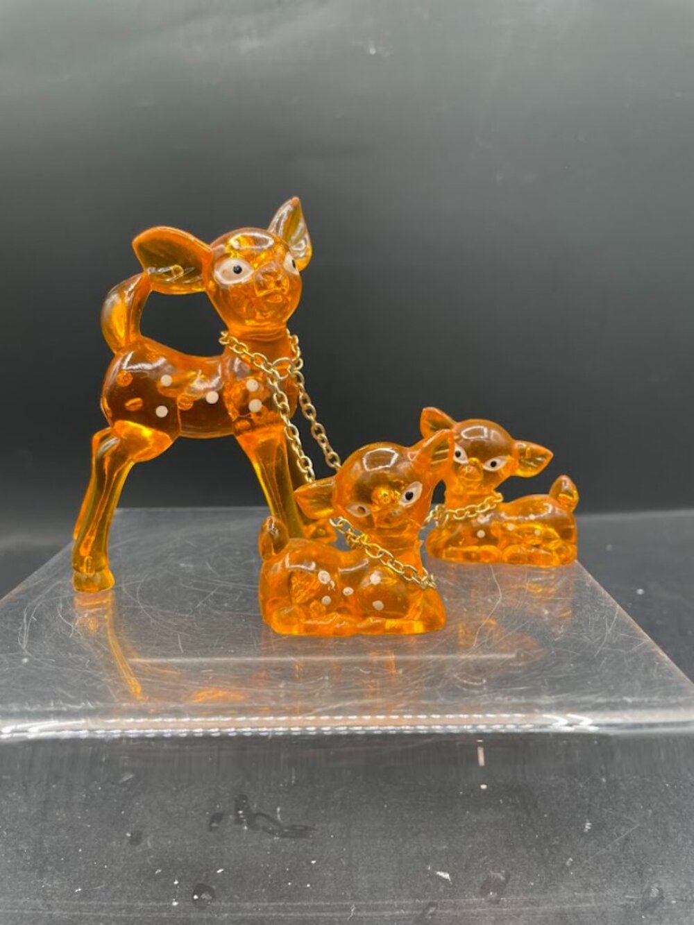 Vintage Set Of 3 Orange Plastic White Spotted Deer Figurines Family With Chain